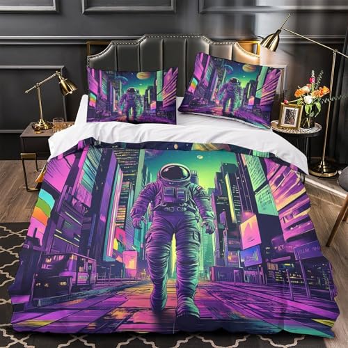 VWENOLRIX Weltraum-Astronaut 3D Bedruckt Bettdeckenbezug 3teilig Mikrofaser farbbeständig futuristische Stadtlandschaft Bettbezug 2 Kissenbezüge pflegeleicht Erwachsene Familie Double?200x200cm?