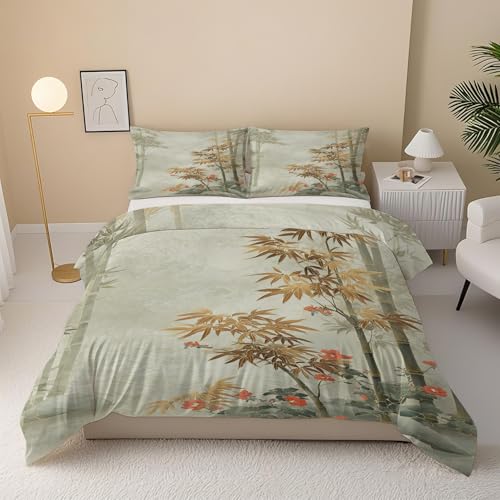 Bambuswald Bettwäsche 135x200, 2 Teilig Bettbezug, Orientalisch Bambus Mikrofaser Bettwäsche-Set mit 1 Kissenbezüge 80x80 cm, Chinesische Ästhetik Deckenbezug mit Reißverschluss