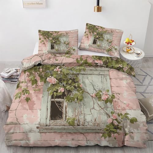 Bettwäsche 200x200 Retro-Landhausstil Bettwäsche-Sets 200 x 200 3 Teilig 3D Pflanzen & Blumen Bettbezüg Weich Mikrofaser Bettbezug mit Reißverschlus und 2 Kissenbezug 80x80cm b_48