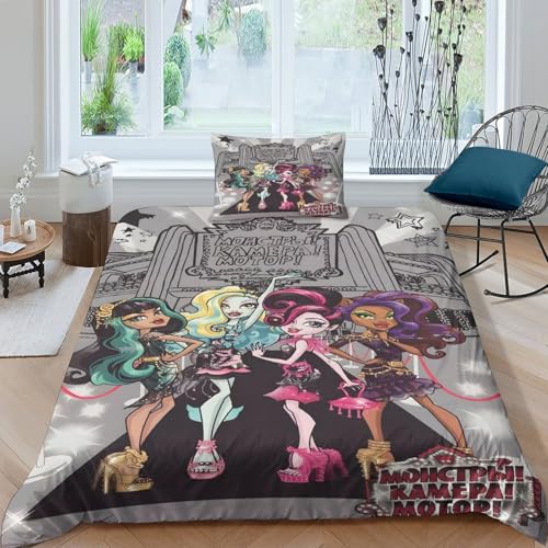 Monster High Bettwäschegarnitur Für Kinder Mädchen Jungen Bettbezug Set 3D Gedruckter Animierte Figuren Und Kissenbezüge Bettwäsche Reissverschluss Weich Microfaser 3 Teilig Single?135x200cm?