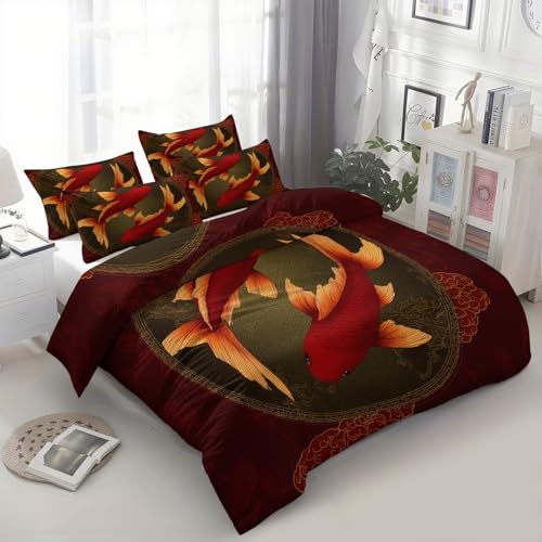 Bettbezug 155x220 cm Traditionell Orientalisch Neujahrsfisch Rot Bettbezug Bettwäsche-Set für Jungen Mädchen Kinder Weiche Polyester-Baumwolle Wende Bettwäsche mit 2 Kissenbezug