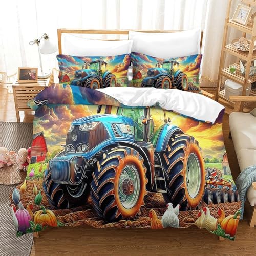 WBCFGHJKN Traktor Bettbezug 3-teiliges Set Bettwäsche Set Kinderbettwäsche Reißverschluss Mit Kissenbezügen Betten Set Für Kinder Single?135x200cm?