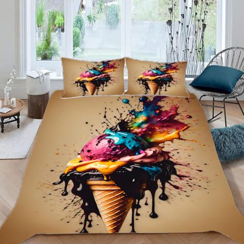 Zbeiba Bettwäsche 135x200 3D Eistüte Muster Weich Atmungsaktiv Mikrofaser Bettzeug Sets Mit Reißverschluss + 2 Kissenbezüge (135x200+2 * 80x80,#5