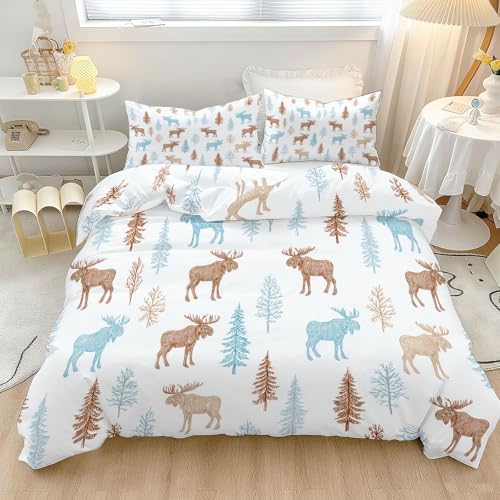 Weich Microfaser Bettwäsche Weiß, Cartoon Kiefer Elch Muster Atmungsaktiv Wende Bettbezug für Mädchen Jungen Erwachsener, 180 x 200 cm Bettbezug Set mit Kissenbezug