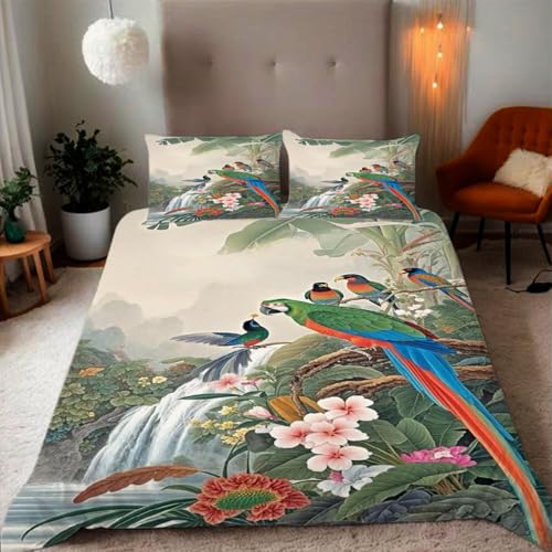 Zbeiba Natürliche Landschaft mit Bach, Wasserfall und Vögeln Bettwäsche 135x200,Kinder Mikrofaser Bettbezug mit Reißverschluss und 2 Kissenbezüge(135x200+2 * 80x80,#7
