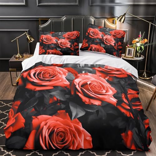 Bettbezug mit roten Rosen, 3D-Druck, Mikrofaser, atmungsaktiv, für Kinderzimmer, Blumenmuster, 2 passende Kissenbezüge, Reißverschluss, Bettwäsche, Kinder, Mädchen, Doppelbett (200 x 200 cm)