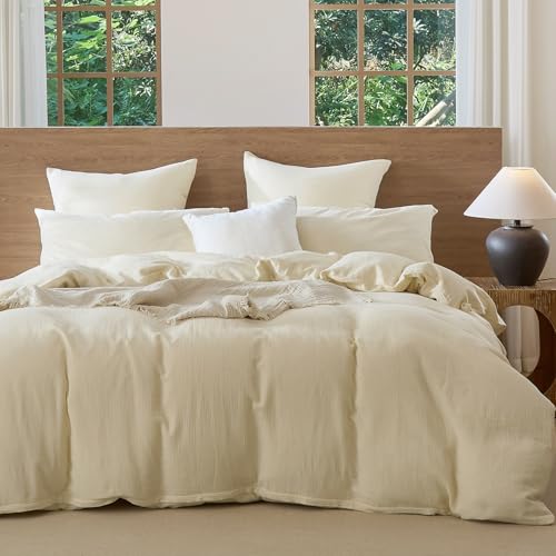 Lanqinglv Doppelte Musselin Bettwäsche 200x200 Baumwolle,Kuschelige Leinenoptik ÖKO-TEX Bettwäsche Creme Weiß mit Reißverschluss und 2 Kissenbezug 80x80cm