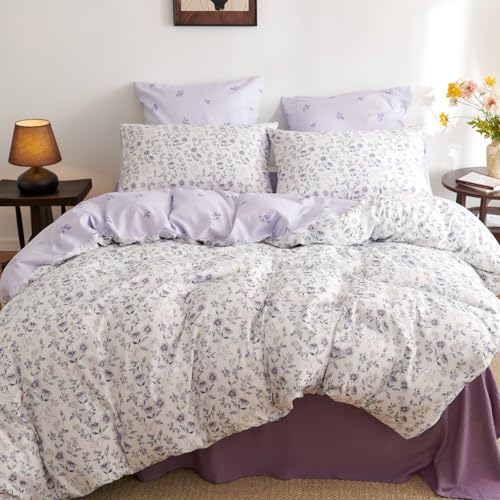 Freyamy Blumen Bettwäsche 135x200cm 2teilig Weiß Violett Bunt Floral Mädchen Wendebettwäsche-Sets Blumenmuster Microfaser Deckenbezug Kinder Bettbezug mit Reißverschluss und Kissenbezug 80x80cm