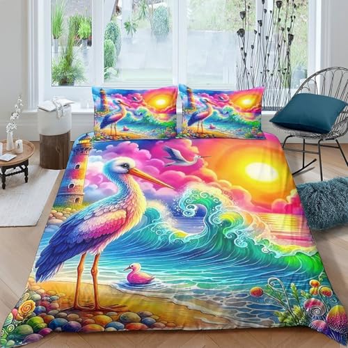 XPZABCDEG Leuchtturm 3D Bettdecke Set Weiche Mikrofaser Küstenturm mit Heron 3 Stück Bettwäsche Mit Kissenbezügen Versteckten Reißverschluss Schlafzimmer Dekor Single?140x200cm?