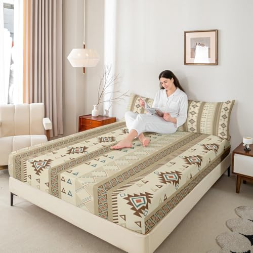 Rustikale Südwesten Fitted Blatt L Größe, Braun Beige Taupe Bettwäsche Set, Tribal Native American Muster 2 Stück (kein Flachblatt), Aztec Boho Stil Tiefe Taschenblatt, 1 Kissenbezug