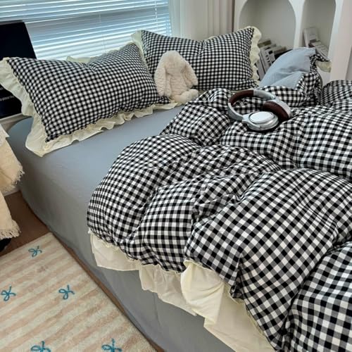 Schwarz-Weiß Karierter Bettbezüge 200X200 mit Rüschen,Bettwäsche-Set im Shabby-Chic-Stil im Französischen Landhausstil mit Kissenbezügen,Weiches Mikrofaser-Bettbezüge-Se t mit Cremefarbenen Rü