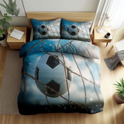 Bettwäsche Hellblau 135 x 200 cm Spiel Fußball 3D Bettbezug, 3teilig kuschelig Wende Junge bettwäsche Set mit Kissenbezug 80x80cm - Atmungsaktiv, weich & Hautfreundlich Deckenbezug für Kinder Teenager