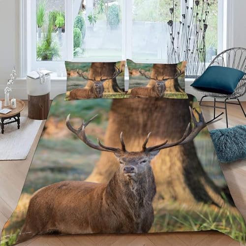 Hirsch Bettwäsche übergröße 155x220 Rotwild 3 Teilig Bettbezug 155 x 220 cm 3D Bettwäsche-Sets Weiche Bettbezug Set Wilde Tiere Bettbezüge Set und 2 Kissenbezüge a.3159