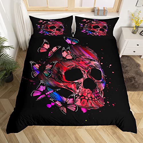 Schädel Bettdecke Abdeckung Hippie Psychedelic Schmetterling Bettwäsche Set König für Jungen Teenager Männer Frauen, Bunt Trippy Gothic Skelett Bettbezug Skizze Schädel Quilt Cover Halloween