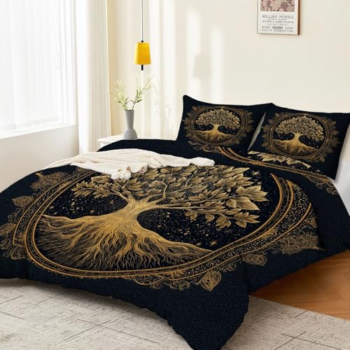 Bettwäsche Set Retro Heiliger Baum Totem Gold – Bettwäsche-Sets Mit Muster, Mikrofaser Bettbezug Mit Reißverschluss, Kissenbezug 80X80 cm, Wendebettwäsche Für Schlafzimmer 135 cm X 200 cm