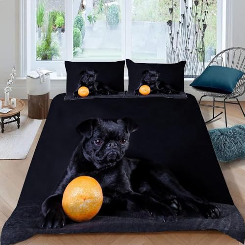 Bettwäsche 140x200 Schwarzer Mops 3D Bettwäsche-Sets Orangen 3 Teilig Superweich Mikrofaser Bettbezug und 2 Kissenbezüg 80×80cm mit Reißverschluss p.2000