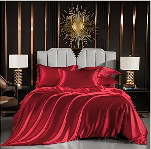Luofanfei Bettwäsche Rot 135x200 Satin Glänzend Weinrot Seide Glatt Glanzsatin Bettwäsche Set Einfarbig Luxus Polyester Bettbezug Set Einzelbett mit Reissverschluss und Kissenbezug 80x80 cm