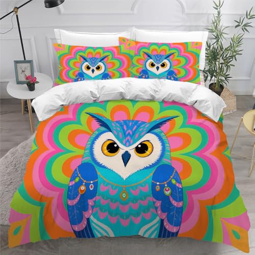 Cartoon-Eule Bettwäsche 155×220cm Orange Blau Rosa Bettwäsche-Set Weiche Microfaser Bettbezug mit Reißverschluss und 2 Kissenbezug 80x80cm