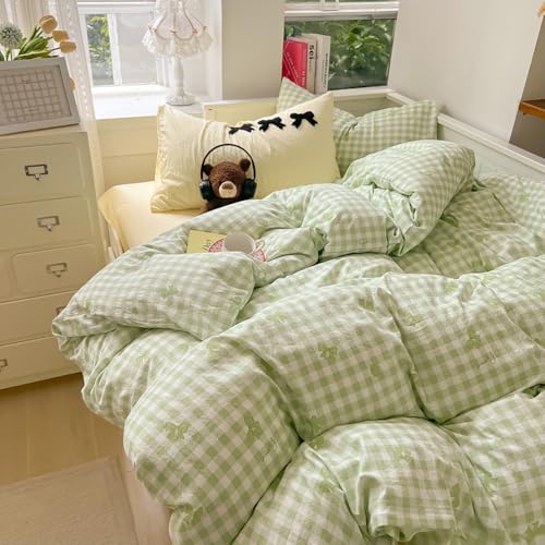 Covebett Bettwäsche 135x200 Kariert Grün Weiß mit Schleifen Karomuster Mädchen Bettbezug 2teilig Aesthetic Modern Karo Weich Microfaser Deckenbezug mit Reißverschluss und Kissenbezug 80x80cm