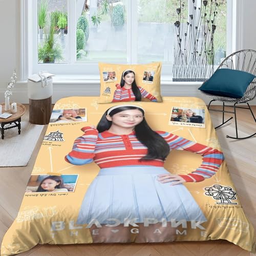 EOASNRTCB 3D Print Kinder Bettwäsche, JISOO Bettbezug Und Kissenbezug, 3D Bettwäsche Black PINK, Mikrofaser Mit Reißverschluss Set Single?135x200cm?
