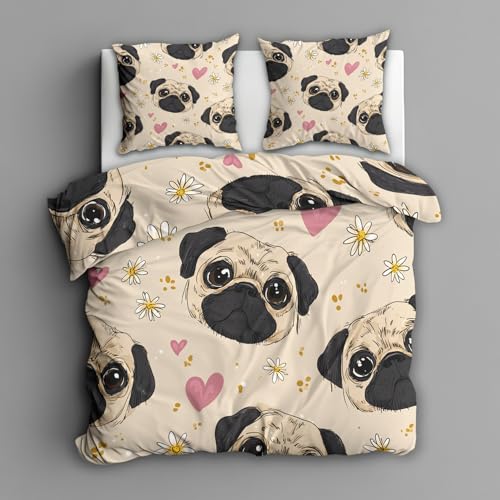 Generisch Bettwäsche 135x200 Gänseblümchen Mops - Schlafzimmer Deko Bettbezug 135 x 200 2tlg Süße Rosa Herzen Hund Muster, 1 Kissenbezug 80x80, mit Reißverschluss, Weich Mikrofaser TN#74