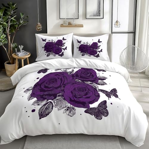 Florales Motiv Violette Rosen und Schmetterlinge Kinderbettwäsche 100 x 135 cm 2 teilig Hypoallergen Bettbezug, Bettwäsche Set Bettdeckenbezug mit Reißverschluss mit 1Stk Kissenbezüge 40x60cm