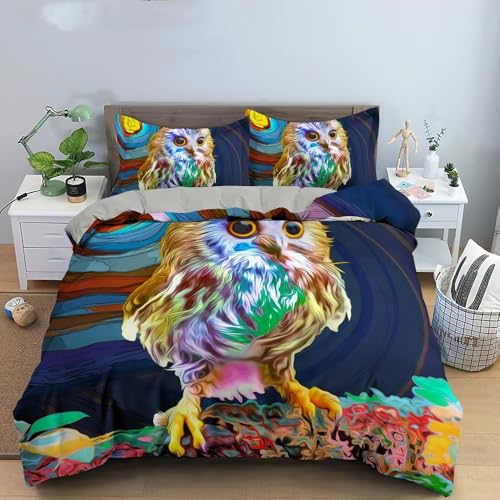 BJCJGGL Bettwäsche 135x200 Bunte Eule Bettwäsche-Set mit Reißverschluss Schließung und 2 Kopfkissenbezug 80x80 cm - Weicher Atmungsaktive Mikrofaser Bettbezug für Kinder Mädchen