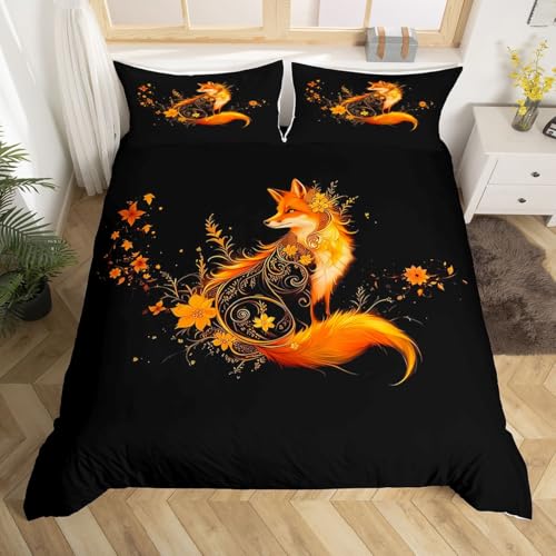 Homewish Fuchs Bettwäsche 135x200 Goldene Blumenlinien Bettbezug Kinder Teens Wilde Tiere Bettwäsche Set Wildtier Rustikales Bauernhaus Bedding Wohndekor 2 Teilig