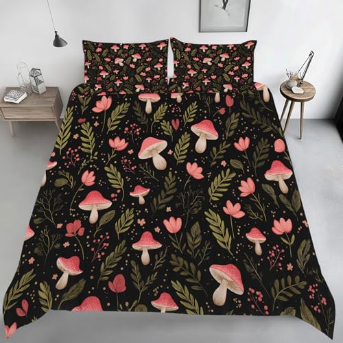 Generisch Rot Pilz Bettwäsche 155x220, Grün Pflanze Wendebettwäsche, Landhaus Motiv Bettbezug mit Reißverschluss, Weiche Mikrofaser Bettwäsche Sets 3 Teilig mit 2 Kissenbezug 80x80 W65d
