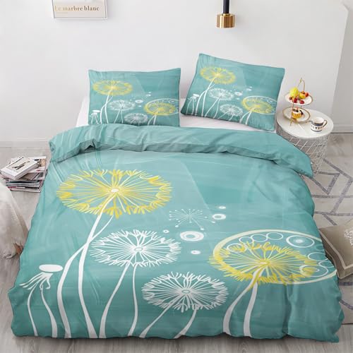 Traulpex Löwenzahn Bettwäsche Set 200x220cm 3 teilig, Pusteblume Bettbezug mit Reißverschluss, Weich Bügelfrei, Pflanzen Blumen Trösterbezug Microfaser mit 2 Kissenbezug 80x80cm
