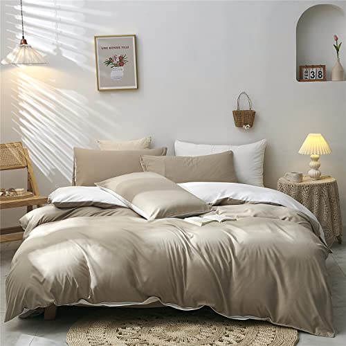 Boqingzhu Bettwäsche 200x200cm Braun Beige Weiß Uni Wendebettwäsche Set Microfaser Bettbezug und 2 Kissenbezüge 80x80cm mit Reißverschluss