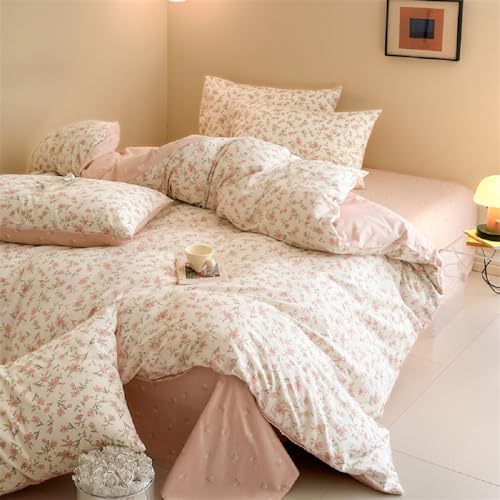 Lanqinglv Bettwäsche 220x240 Baumwolle Rosa Blumen Aesthetic Pflanzen Renforce ÖKO-TEX Baumwollbettwäsche Blätter Mädchen Bettbezug mit Reißverschluss und 2 Kissenbezug 80x80 cm