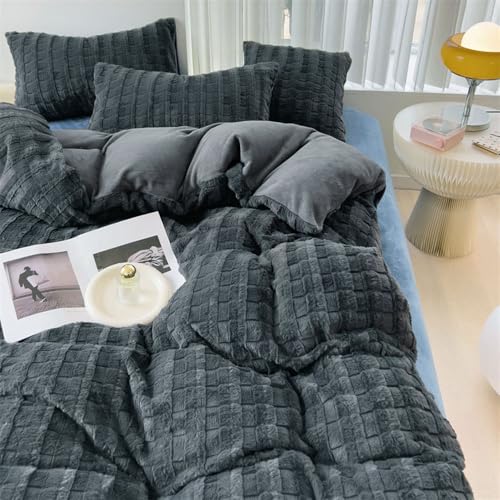 Covebett Warme Bettwäsche 220x240 Grau Anthrazit Winter Flauschig Plüsch Cashmere Touch Bettbezug Kariert Coral Fleece Flanell Wendebettwäsche Set 3teilig mit Reißverschluss and 2 Kissenbezüge 80x80cm