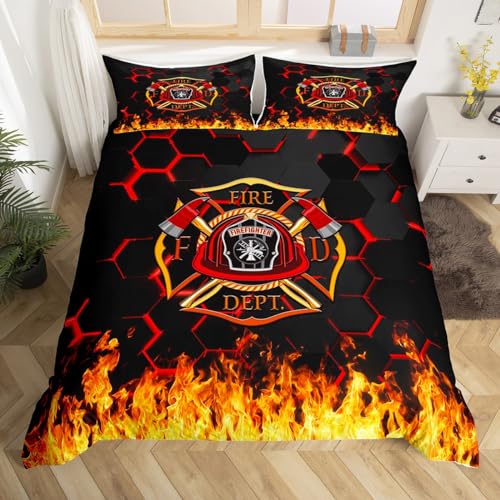 Feuerwehr Kinder Bettbezug Set 155x220, Feuerwehr LKW Werkzeug Flamme Bettwäsche Set, geometrische Waben Hexagon Tröster Abdeckung, rot schwarz Quilt Cover, 1 Kissenbezug