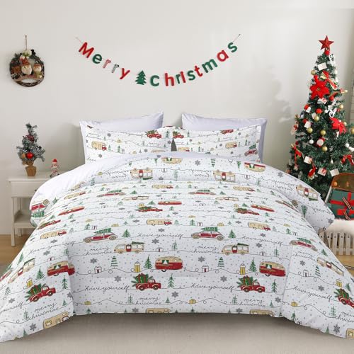 WONGS BEDDING Weihnachts Bettwäsche 135x200 2 Teilig, Weihnachtstruck Bettbezug Weich Mikrofaser Bettwäsche-Set mit Reißverschluss und Kissenbezug 50x75 cm, Rot Weiß