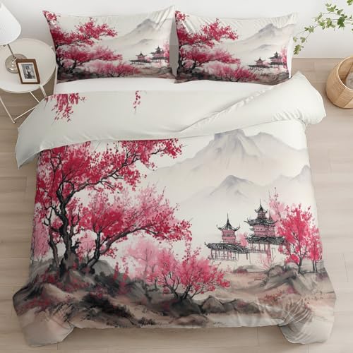 Bettwäsche 155 x 220 cm 3-teiliges Set, Aesthetic Wende Traditionelle Orientalische Berge Und Bäume Bettwäsche Set, Atmungsaktiv, Maschinenwaschbar Beige Bettbezug mit Reißverschluss