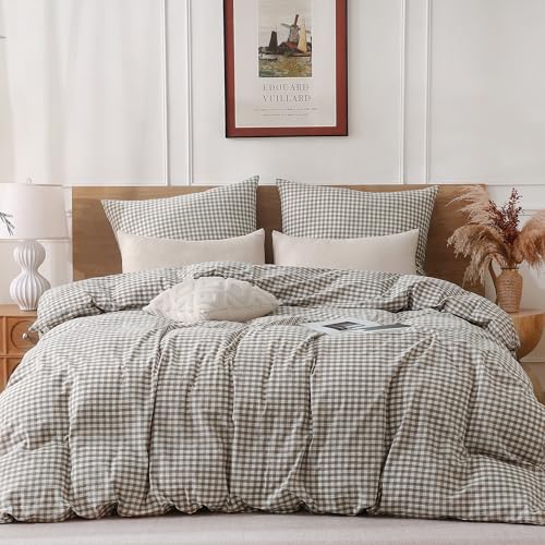 TOCOMOA Bettwäsche 135x200 Kariert 2teilig, 100% Gewaschene Baumwolle Bettwäsche-Sets Beige, Leinenoptik und Atmungsaktiv Bettwaren mit Reißverschluss, 1 Bettbezug und 1 Kissenbezug 80x80 cm