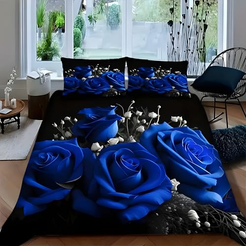 Bettwäsche 220x200 Blaue Rose Bettwäsche-Sets Blumen Bettbezug Weiche Atmungsaktiv Mikrofaser mit Reißverschluss und 2 Kissenbezüge 80x80 für Erwachsene Geeignet