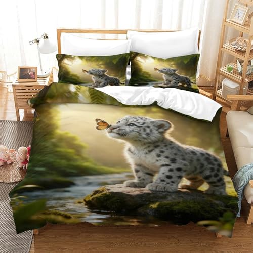WXLWHR Süßer Kleiner Leopard Bettwäsche-Set Weiche Mikrofaser Bettbezug Mit 3D Wald-Motiv Mit Reißverschluss & Kissenbezüge Für Jugendliche Und Erwachsene Single?140x200cm?