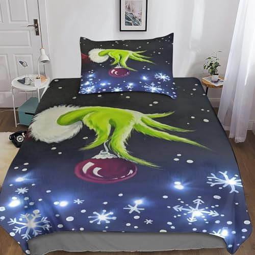 AYZOFCNDK Weihnachten Bettwäschegarnitur Mädchen Junge Kinder 3D Gedruckter Grinch Bettbezug Set Reissverschluss Bettwäsche Und Kissenbezüge Weich Microfaser 2 Teilig Single?135x200cm?