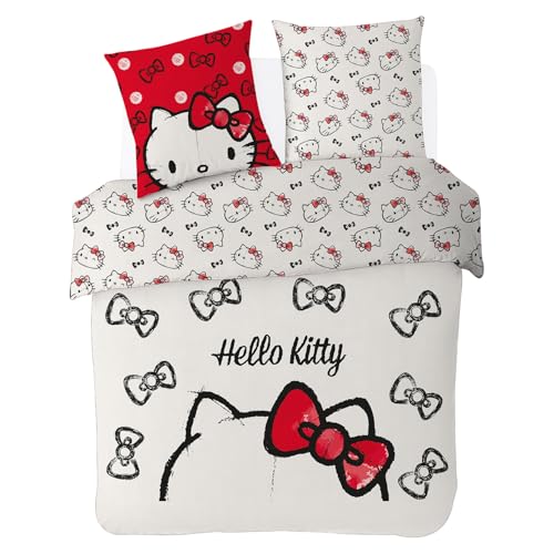 SAHINLER créateur d'univers Hello Kitty Bettbezug Hello Kitty, Schleifen, 220 x 240 cm + 2 Kopfkissenbezüge 63 x 63 cm, 100 % Baumwolle, Ecru