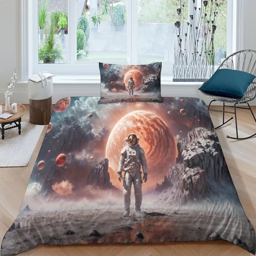 WXMMoney Bettbezug mit Weltraum-Astronauten-Bild , 3D-gedruckte Bettdecke, 3-teiliges Bettwäscheset aus weicher Mikrofaser mit Reißverschluss für Jungen und Mädchen, Einzelbett (135 x 200 cm)