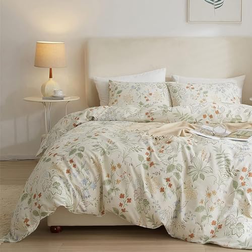 Sedefen Bettwäsche 200x200cm Weiß Grün Blumen Blätter Muster Bettbezug 3Teilig Bunt Blumen Pflanzen Wendebettwäsche Set Microfaser Vintage Bettdeckenbezug mit Reißverschluss und 2 Kissenbezug 80x80 cm