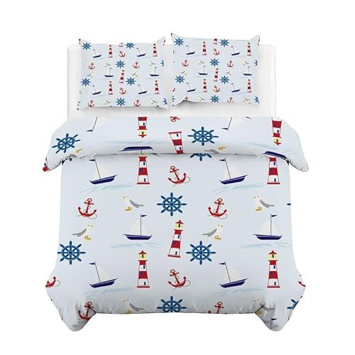 CCZM Leuchtturm Kinderbettwäsche 100x135 Boot Bettwäsche-Sets 3 Teilig für Kinder Jungen Mädchen, Weich Atmungsaktiv Microfaser Bettbezüge und 2 Kissenbezug 80x80 cm mit Reißverschluss
