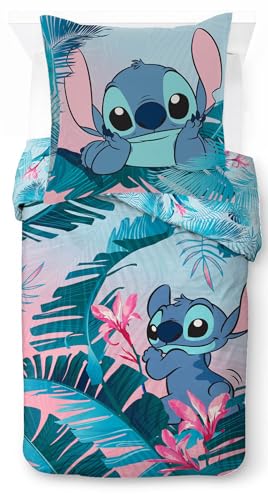 Jay Franco Disney Lilo und Stitch blumige Bettwäsche für eine Person – Kinderbettwäsche Set inklusive 80 x 80 cm Kopfkissenbezug, maschinenwaschbare Baumwollbettwäsche