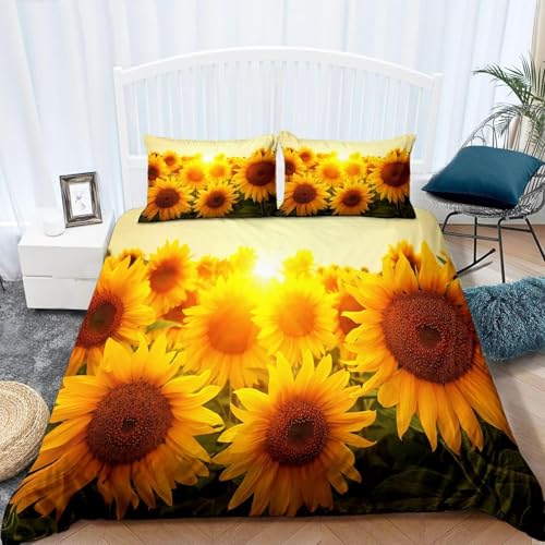 Sonnenblume Bettwäsche 140x200 Gelbe Blüten Bettwäsche Set, 3D Bettbezug Set Weich Microfaser Bettbezüge 3 Teilig Landhausstil Wendebettwäsche für Kinder Erwachsene mit 2 Kissenbezüge 1694e