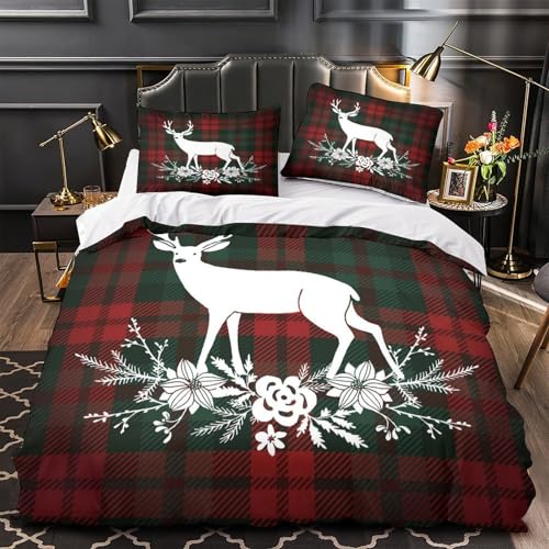 3-teiliges Bettwäsche-Set mit weihnachtlichem Hirsch, Premium-Mikrofaser, schmutzabweisend, Vektor-Design, 2 Kissenbezüge, Reißverschluss, Bett-Ensemble, Paar, Schlafzimmer, Einzelbett (135 x 200 cm)