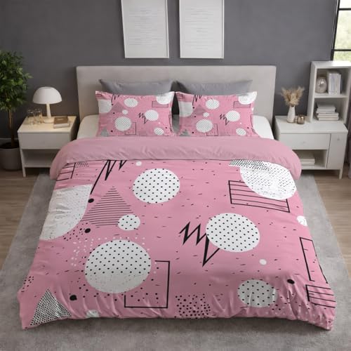 Bettwäsche 140x200 Set - Mikrofaser Bettbezug 140x200 cm mit 1 Kissenbezug 80x80 cm, Wendebettwäsche, ultraweich und hautfreundlich, Rosa, Geometrisch Linien Punkte