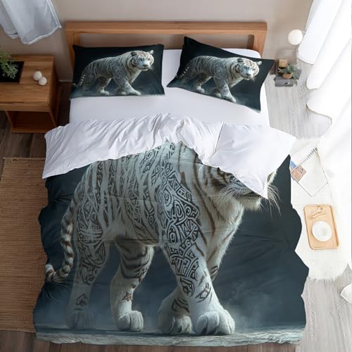 Generisch Tiger Bettwäsche 140x200 Weiße Tiere bettwäsche-Sets für Einzelbett Erwachsene, Hochwertige Mikrofaser Bettwäsche, bügelfrei & angenehm weich, mit Reißverschluss