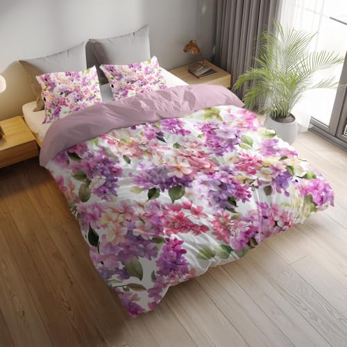 Generisch Pflanzen Streublumen Flieder Bettwäsche Set 135 x 200 cm, Lila Flauschige Winterbettwäsche, Bettbezüge Wende Bettwäsche Deckung Set mit Reißverschluss Weich Mikrofaserbettwäsche